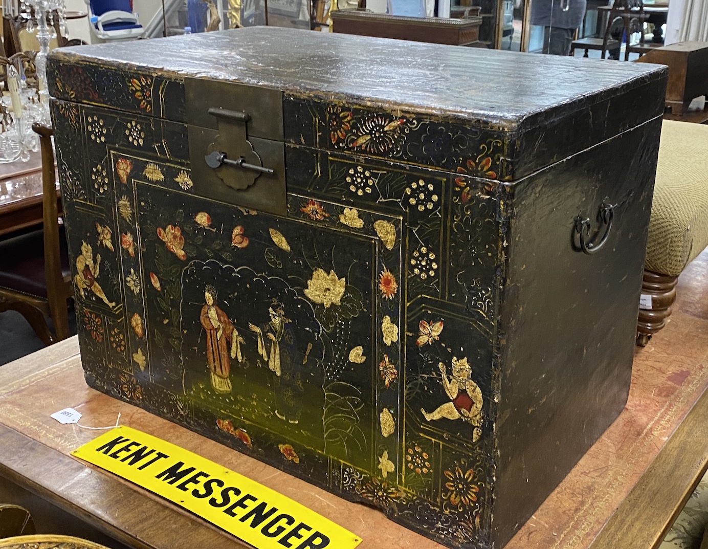 A Chinese lacquer trunk, width 84cm, depth 53cm, height 60cm